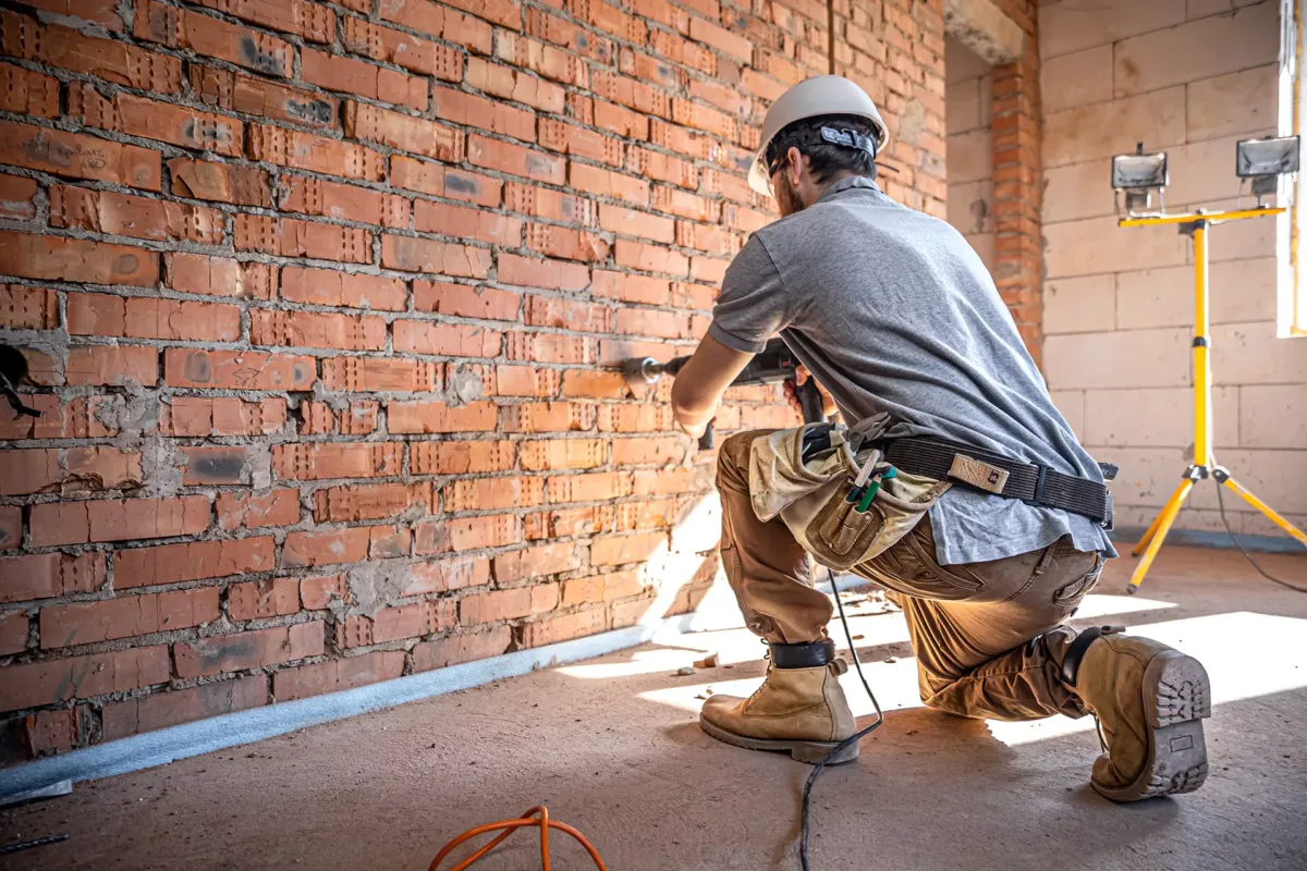 Trabajador agujereando pared de ladrillo.