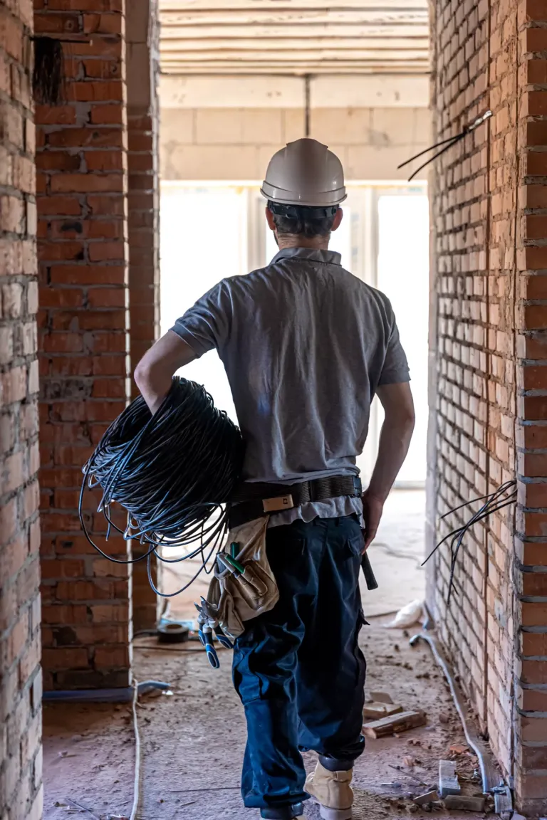 Trabajador con casco llevando rollo de cable.