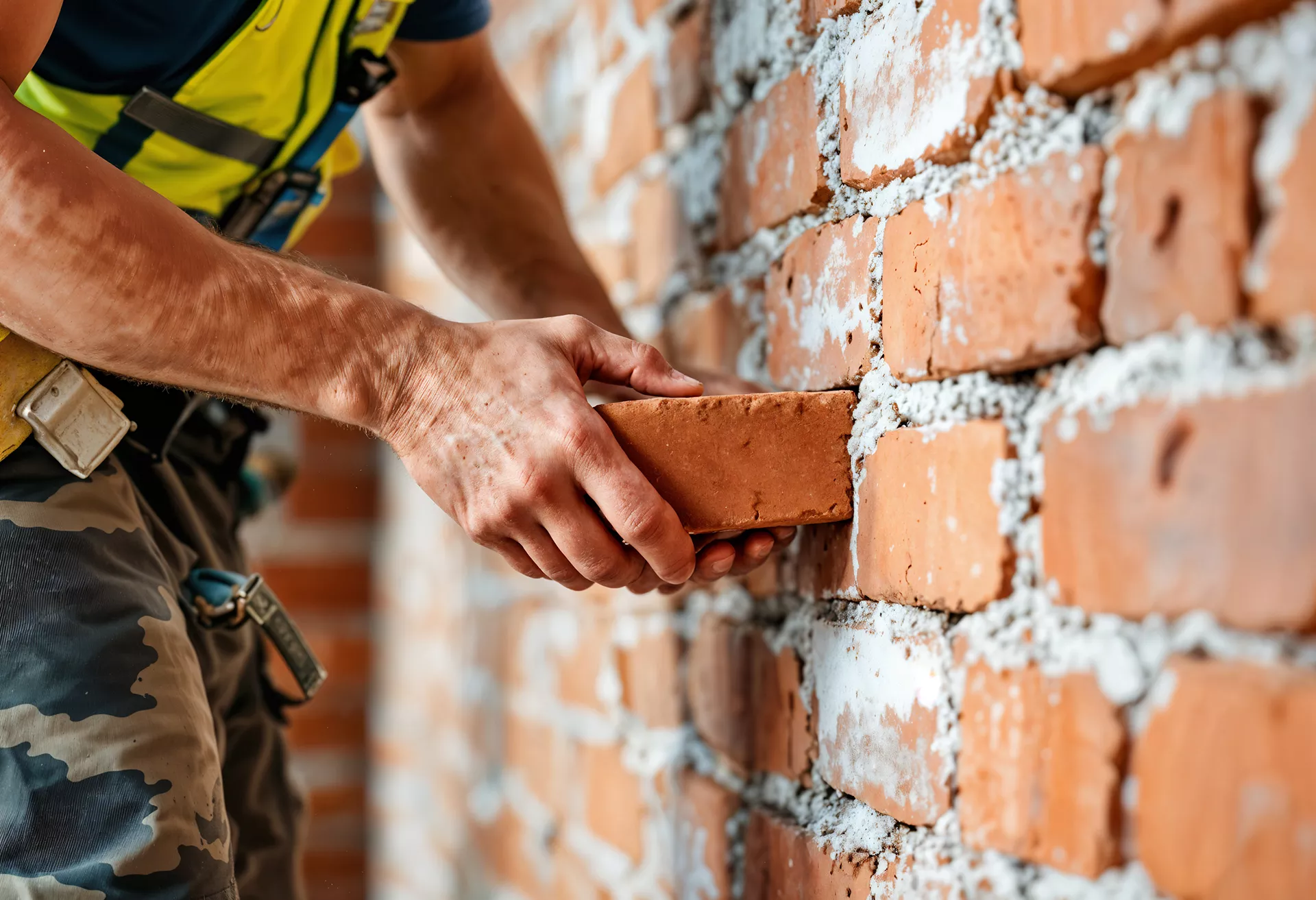 Trabajador poniendo ladrillo en muro.