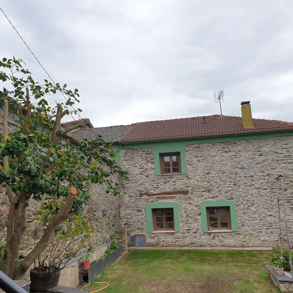 Casa rural, patio y árbol